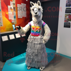 Silver Llama mascot costume character dressed with a Skirt and Lapel pins