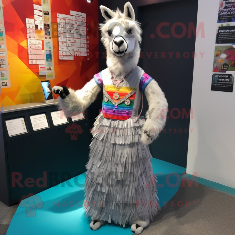 Silver Llama mascot costume character dressed with a Skirt and Lapel pins Silver Llama mascot costume character dressed with a Skirt and Lapel pins