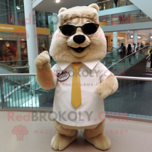 Cream Beaver mascot costume character dressed with a Pencil Skirt and Sunglasses