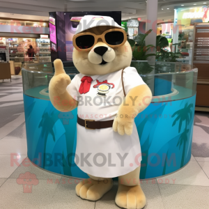 Cream Beaver mascot costume character dressed with a Pencil Skirt and Sunglasses