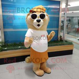 Cream Beaver mascot costume character dressed with a Pencil Skirt and Sunglasses