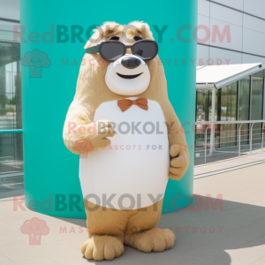 Cream Beaver mascot costume character dressed with a Pencil Skirt and Sunglasses