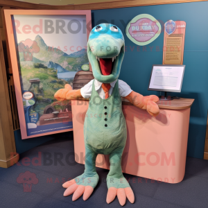 Peach Loch Ness Monster mascot costume character dressed with a Blouse and Pocket squares