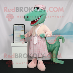 Peach Loch Ness Monster mascot costume character dressed with a Blouse and Pocket squares