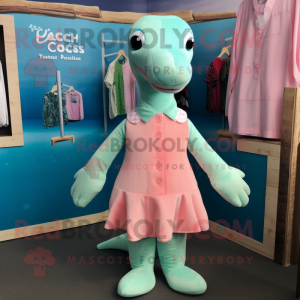Peach Loch Ness Monster mascot costume character dressed with a Blouse and Pocket squares