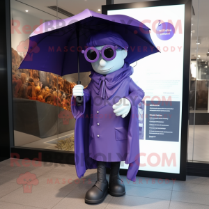 Purple Attorney mascot costume character dressed with a Raincoat and Eyeglasses