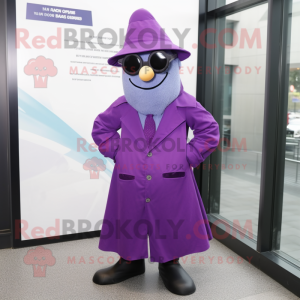 Purple Attorney mascot costume character dressed with a Raincoat and Eyeglasses