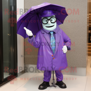 Purple Attorney mascot costume character dressed with a Raincoat and Eyeglasses