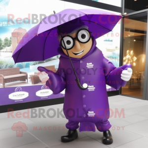 Purple Attorney mascot costume character dressed with a Raincoat and Eyeglasses