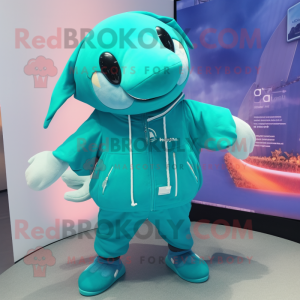 Turquoise Whale mascot costume character dressed with a Windbreaker and Necklaces