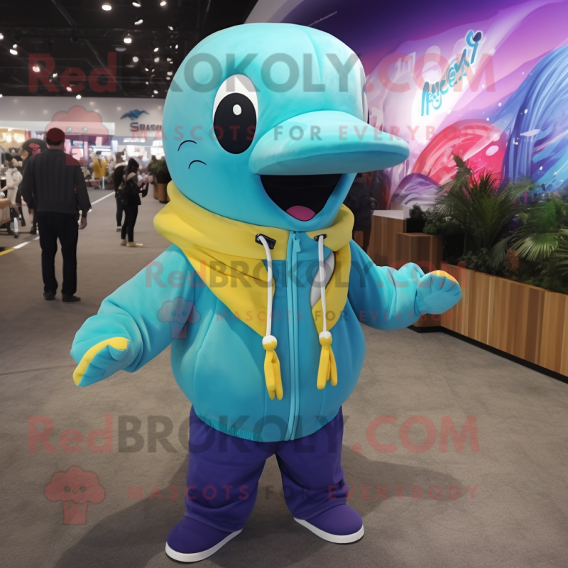 Turquoise Whale mascot costume character dressed with a Windbreaker and Necklaces