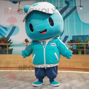 Turquoise Whale mascot costume character dressed with a Windbreaker and Necklaces