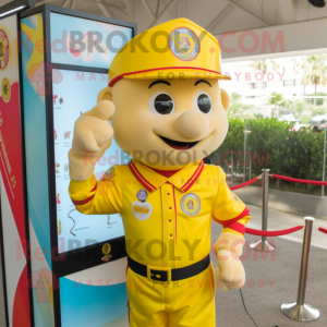 Yellow Fire Fighter mascot costume character dressed with a Polo Shirt and Necklaces