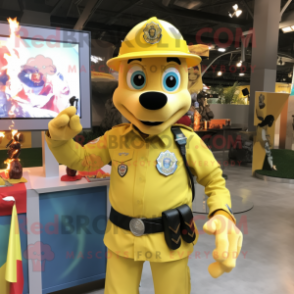 Yellow Fire Fighter mascot costume character dressed with a Polo Shirt and Necklaces