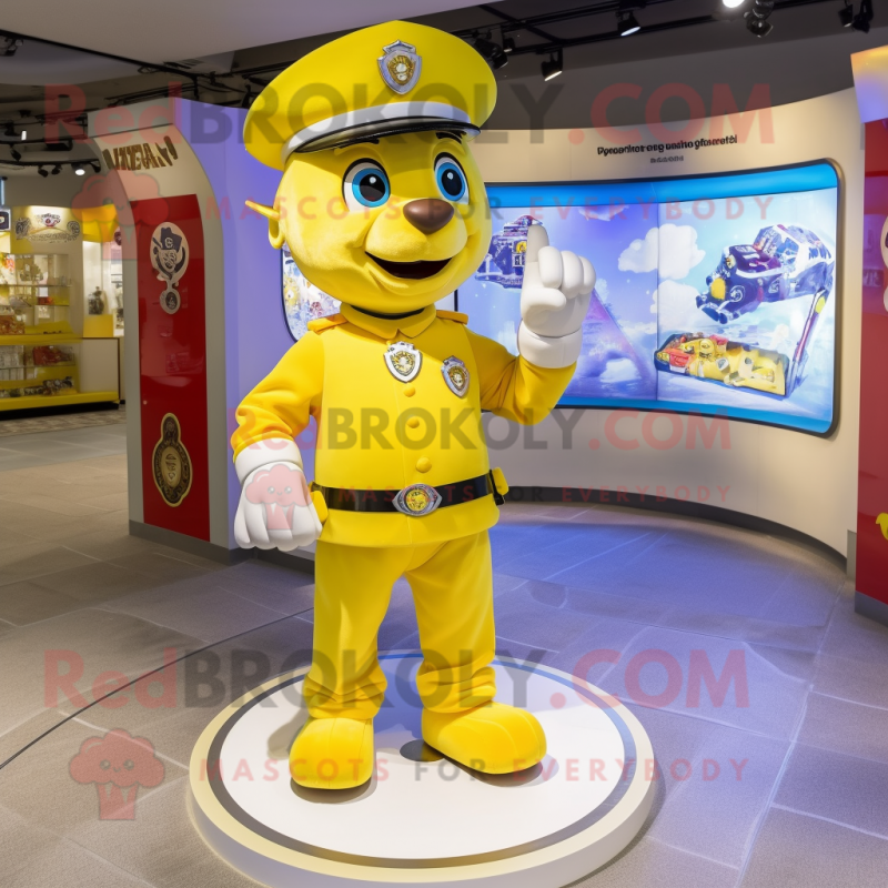 Yellow Fire Fighter mascot costume character dressed with a Polo Shirt and Necklaces