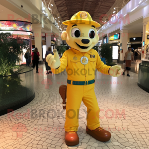 Yellow Fire Fighter mascot costume character dressed with a Polo Shirt and Necklaces