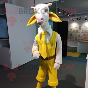 Lemon Yellow Boer Goat mascot costume character dressed with a Cardigan and Cufflinks
