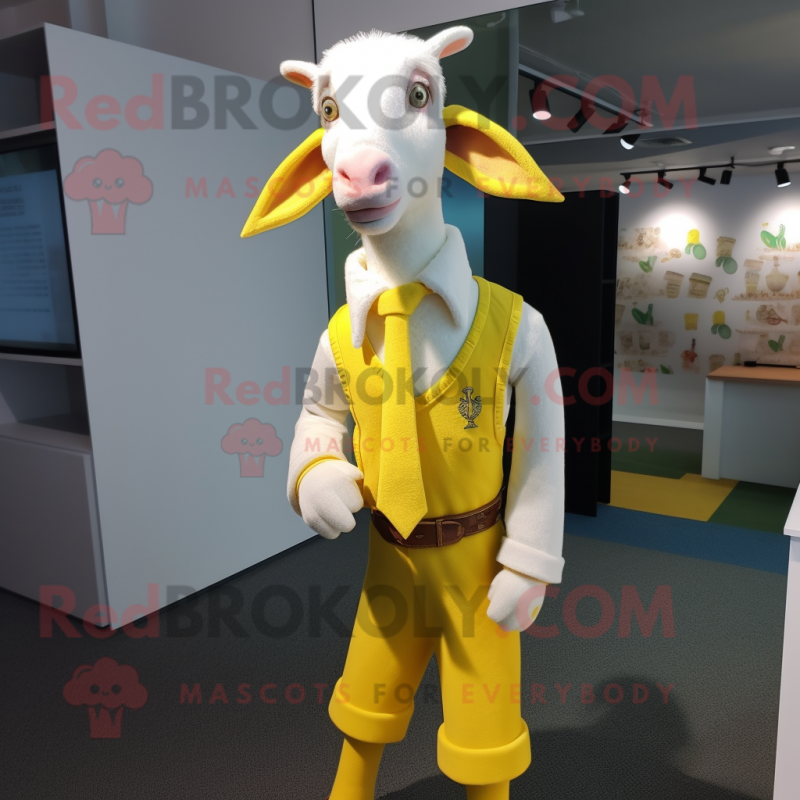 Lemon Yellow Boer Goat mascot costume character dressed with a Cardigan and Cufflinks Lemon Yellow Boer Goat mascot costume character dressed with a Cardigan and Cufflinks