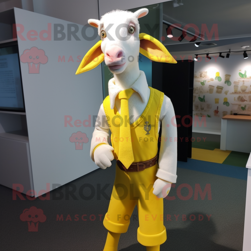 Lemon Yellow Boer Goat mascot costume character dressed with a Cardigan and Cufflinks