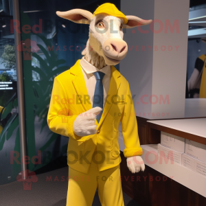 Lemon Yellow Boer Goat mascot costume character dressed with a Cardigan and Cufflinks