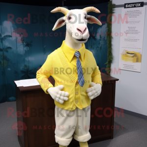 Lemon Yellow Boer Goat mascot costume character dressed with a Cardigan and Cufflinks