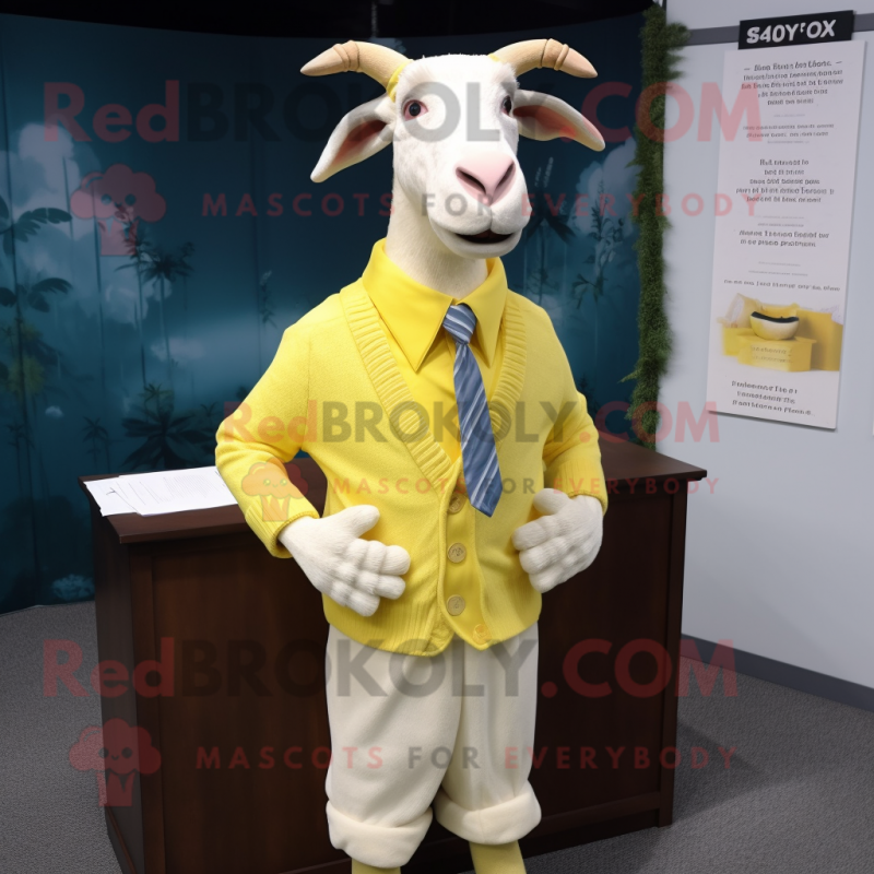 Lemon Yellow Boer Goat mascot costume character dressed with a Cardigan and Cufflinks Lemon Yellow Boer Goat mascot costume character dressed with a Cardigan and Cufflinks