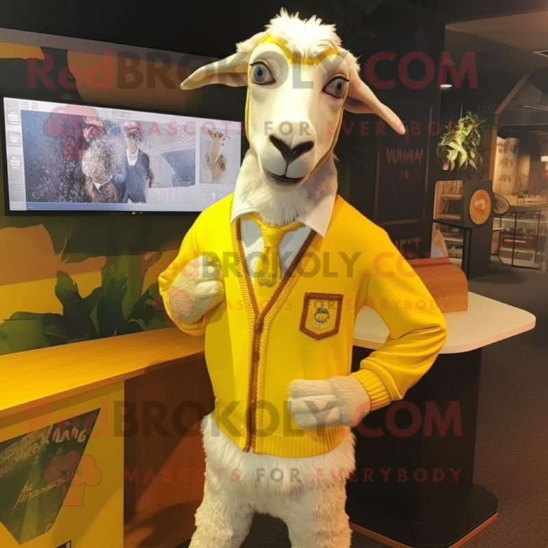 Lemon Yellow Boer Goat mascot costume character dressed with a Cardigan and Cufflinks