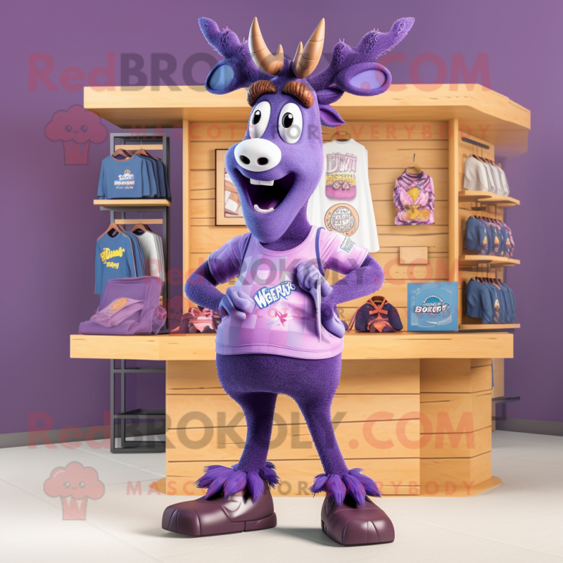 Purple Deer mascot costume character dressed with a Jeans and Shoe clips