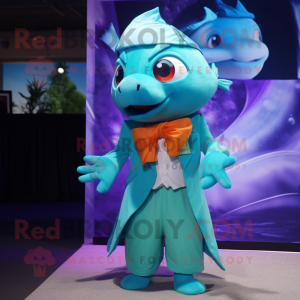 Turquoise Goldfish mascot costume character dressed with a A-Line Skirt and Pocket squares