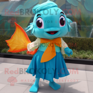 Turquoise Goldfish mascot costume character dressed with a A-Line Skirt and Pocket squares