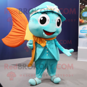 Turquoise Goldfish mascot costume character dressed with a A-Line Skirt and Pocket squares