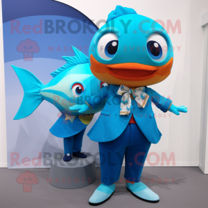 Turquoise Goldfish mascot costume character dressed with a A-Line Skirt and Pocket squares