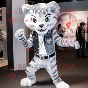 Silver Tiger mascot costume character dressed with a Skinny Jeans and Lapel pins