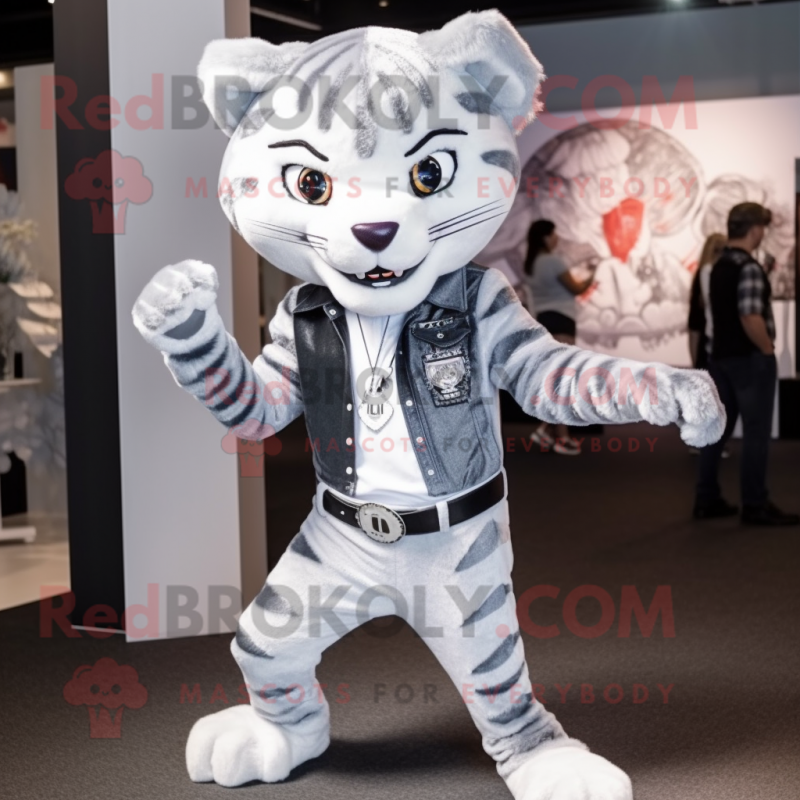 Silver Tiger mascot costume character dressed with a Skinny Jeans and Lapel pins Silver Tiger mascot costume character dressed with a Skinny Jeans and Lapel pins
