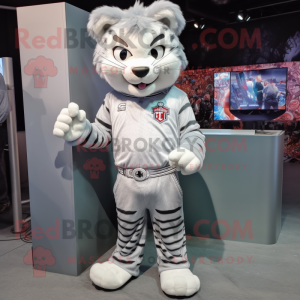 Silver Tiger mascot costume character dressed with a Skinny Jeans and Lapel pins