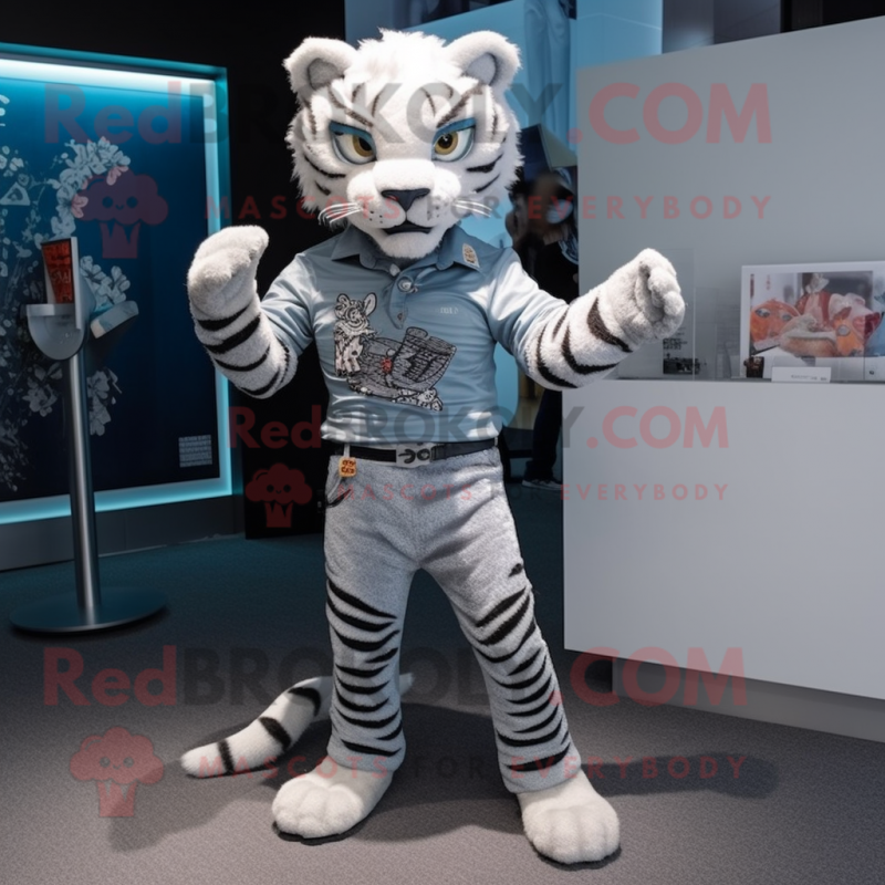 Silver Tiger mascot costume character dressed with a Skinny Jeans and Lapel pins