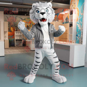 Silver Tiger mascot costume character dressed with a Skinny Jeans and Lapel pins