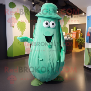 Cyan Cucumber mascot costume character dressed with a Wrap Dress and Hats