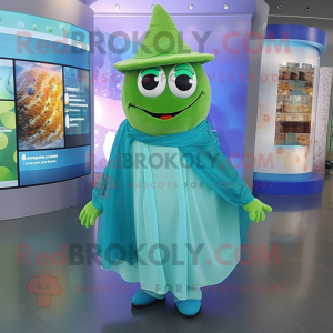 Cyan Cucumber mascot costume character dressed with a Wrap Dress and Hats