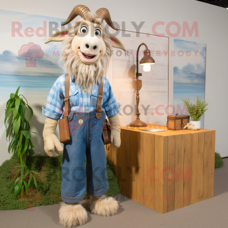 Tan Angora Goat mascot costume character dressed with a Chambray Shirt and Keychains