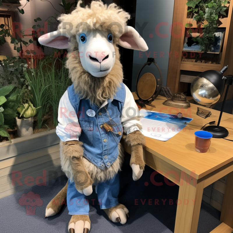 Tan Angora Goat mascot costume character dressed with a Chambray Shirt and Keychains