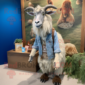 Tan Angora Goat mascot costume character dressed with a Chambray Shirt and Keychains