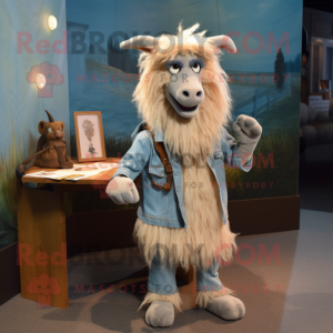 Tan Angora Goat mascot costume character dressed with a Chambray Shirt and Keychains