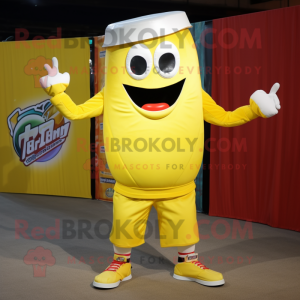 Lemon Yellow Soda Can mascot costume character dressed with a Cargo Shorts and Headbands