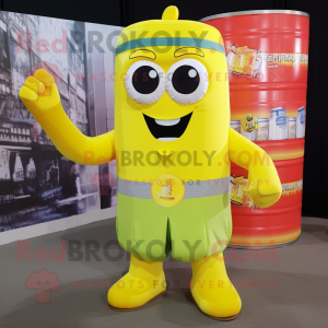 Lemon Yellow Soda Can mascot costume character dressed with a Cargo Shorts and Headbands