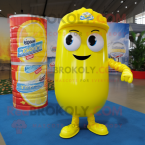 Lemon Yellow Soda Can mascot costume character dressed with a Cargo Shorts and Headbands