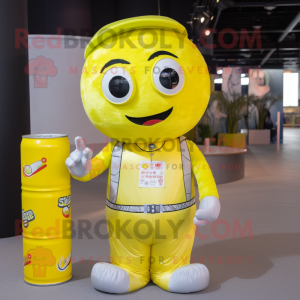 Lemon Yellow Soda Can mascot costume character dressed with a Cargo Shorts and Headbands