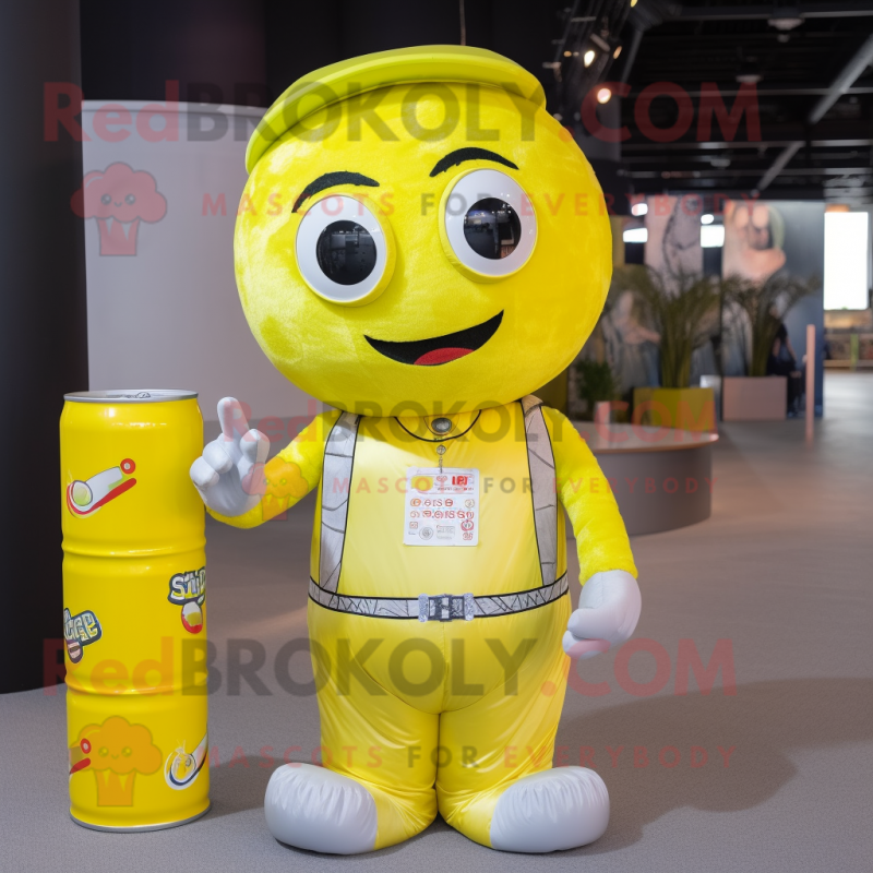 Lemon Yellow Soda Can mascot costume character dressed with a Cargo Shorts and Headbands Lemon Yellow Soda Can mascot costume character dressed with a Cargo Shorts and Headbands
