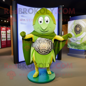 Olive Celtic Shield mascot costume character dressed with a Midi Dress and Scarves
