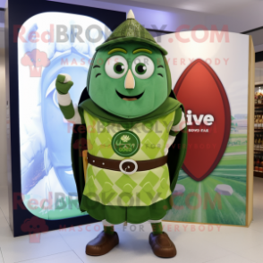 Olive Celtic Shield mascot costume character dressed with a Midi Dress and Scarves